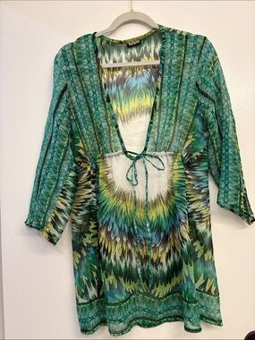 Ingear Green Teal Yellow Patterned V‑Neck Swim Coverup